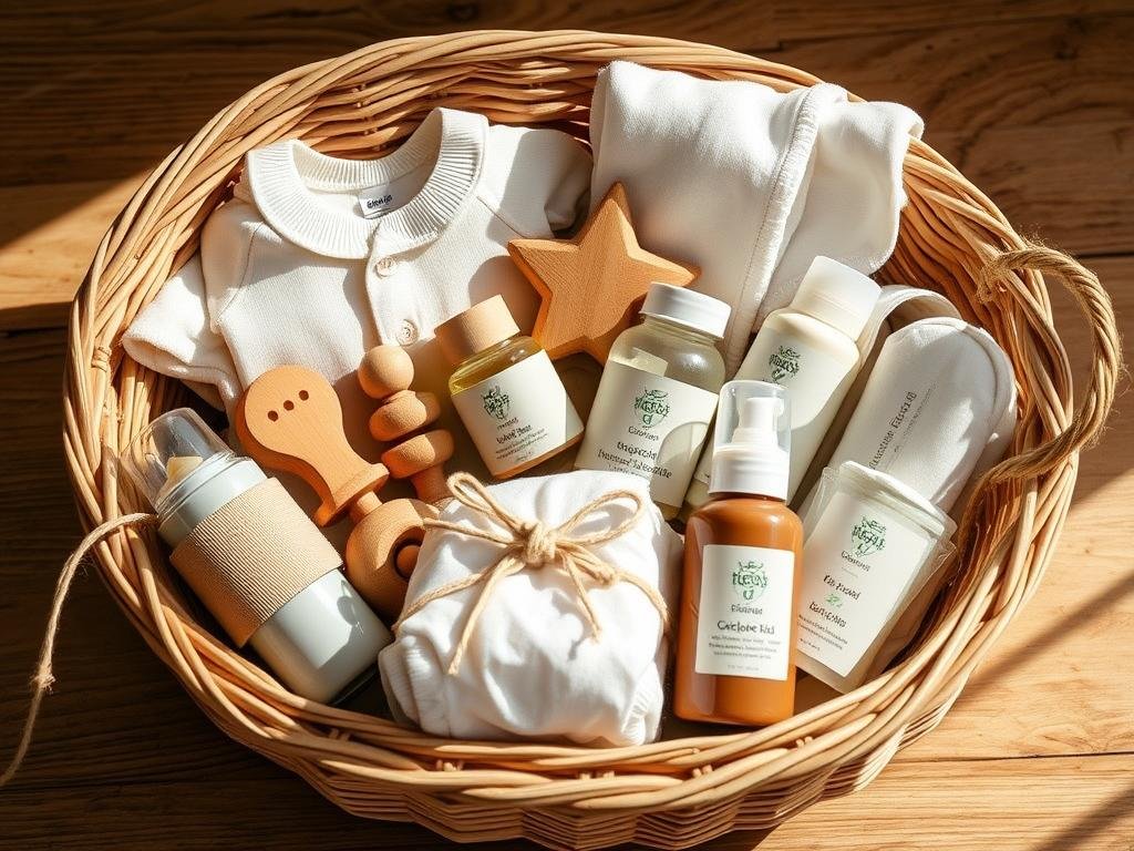 Organic baby gift basket with natural products and wooden toys