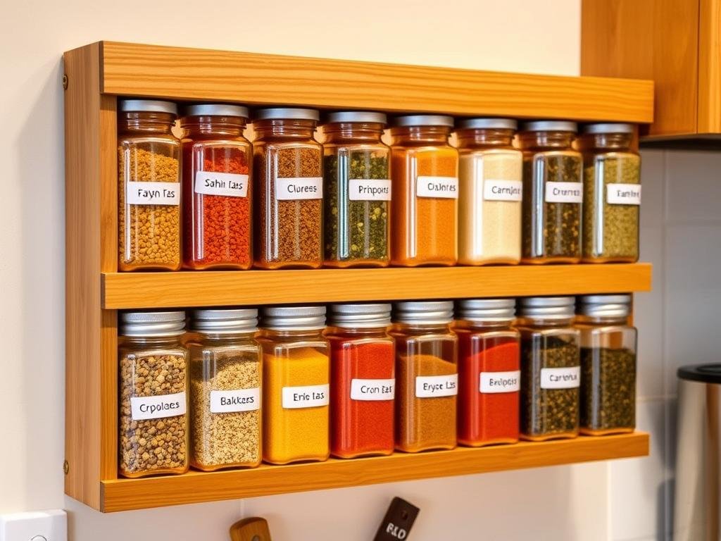 Organized spice rack with labeled jars for housewarming gift ideas