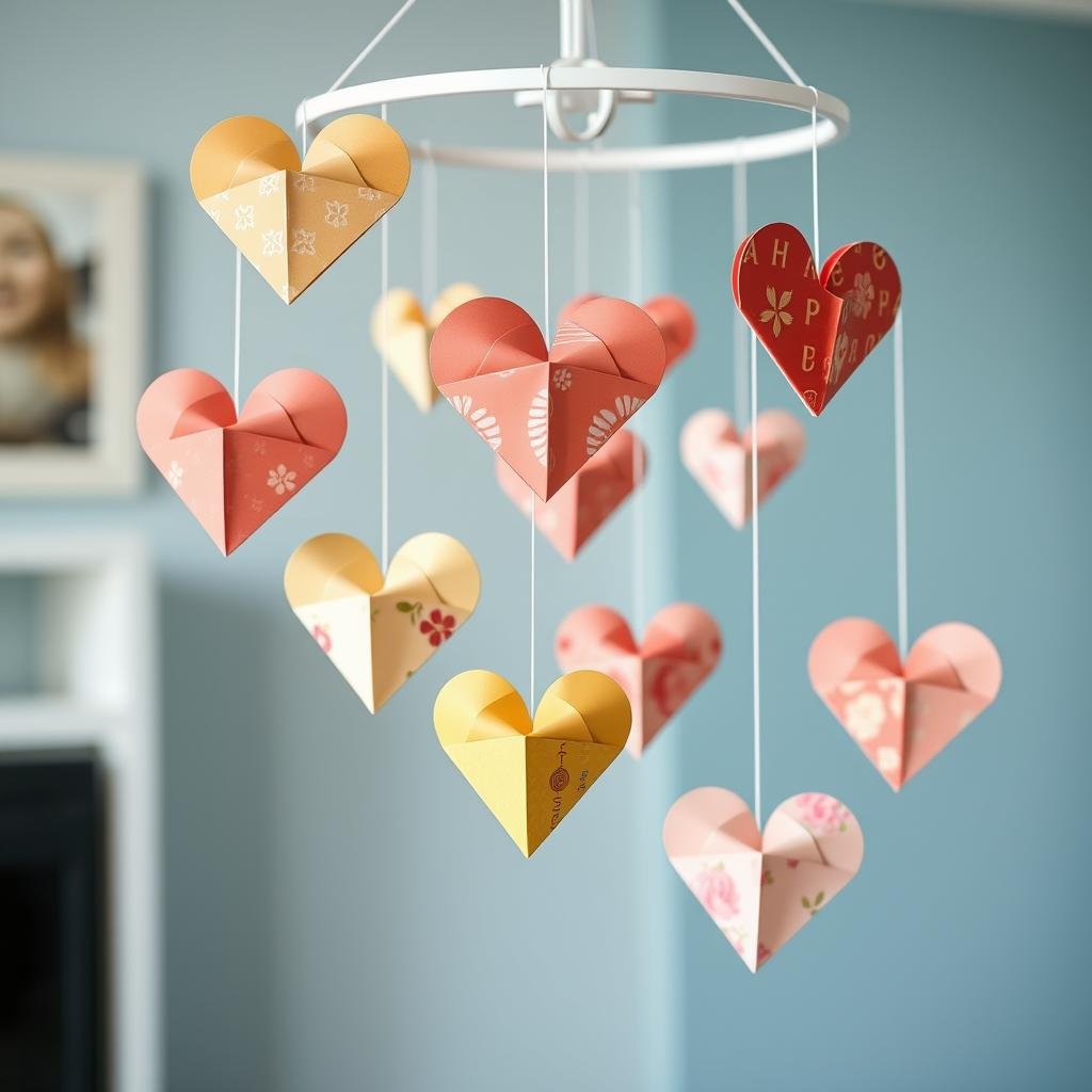 Origami heart mobile with paper hearts in different sizes Origami heart mobile with paper hearts in different sizes