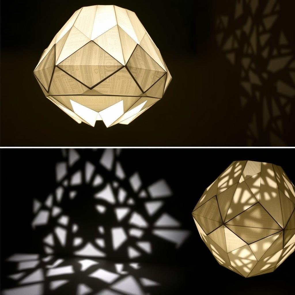 Origami lamp with intricate paper folding design casting beautiful shadows Origami lamp with intricate paper folding design casting beautiful shadows