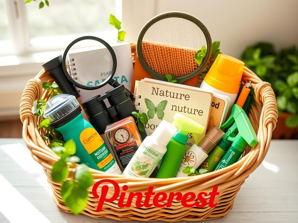 Outdoor adventure kids gift basket with exploration tools, nature guides, and outdoor toys