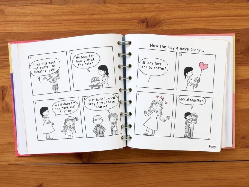 Pages from a handmade comic book depicting a couple's love story with simple illustrations and dialogue