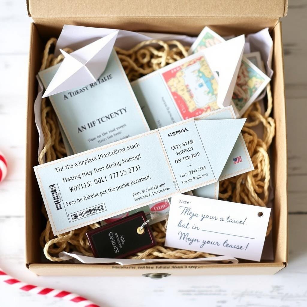 Paper airplane tickets for a surprise trip in a gift box with travel accessories Paper airplane tickets for a surprise trip in a gift box with travel accessories