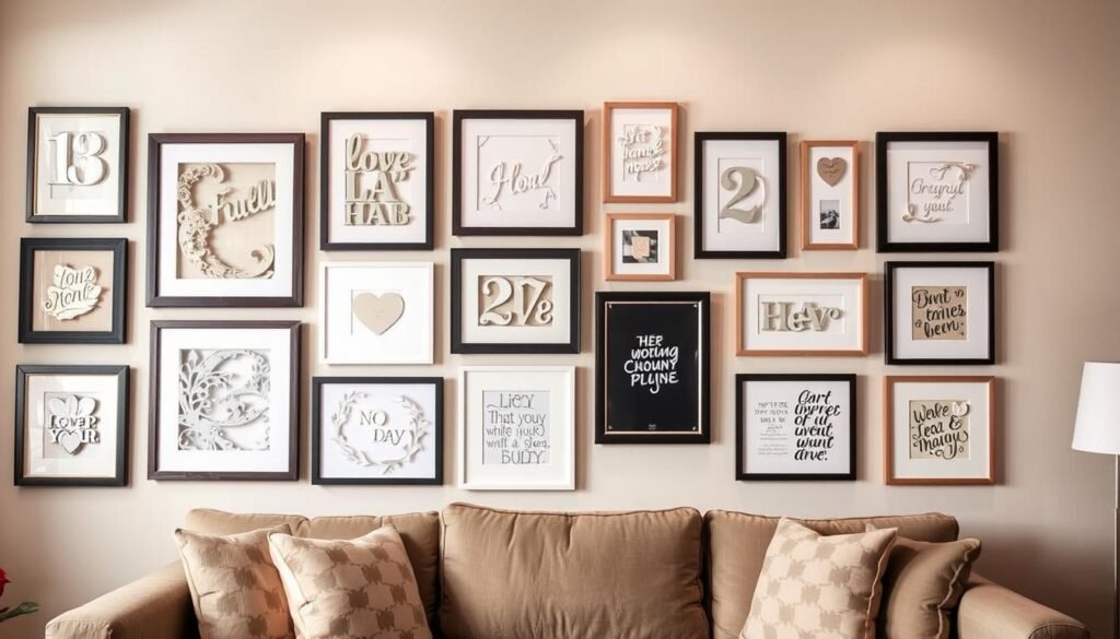 Paper anniversary gift display showing various paper art pieces arranged on a wall Paper anniversary gift display showing various paper art pieces arranged on a wall
