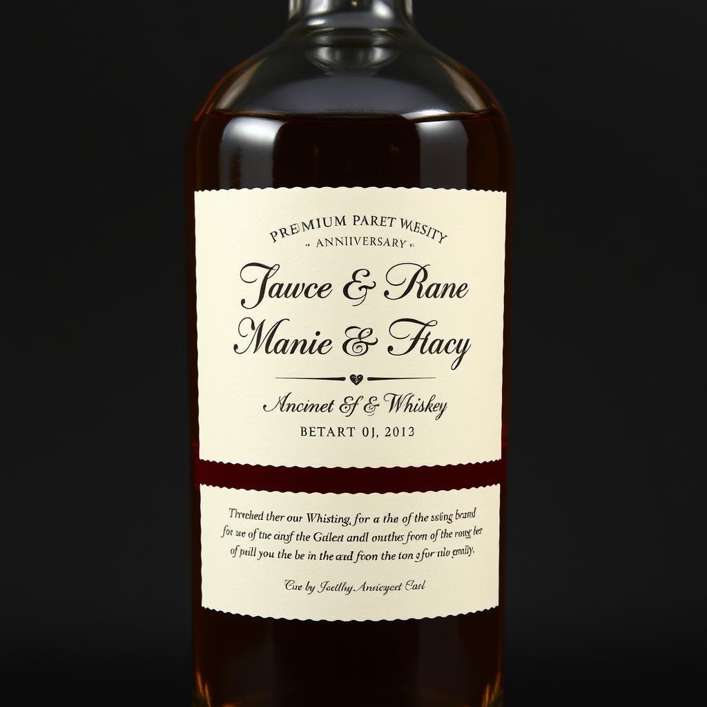 Paper anniversary whiskey with custom paper label showing couple's names and wedding date Paper anniversary whiskey with custom paper label showing couple's names and wedding date