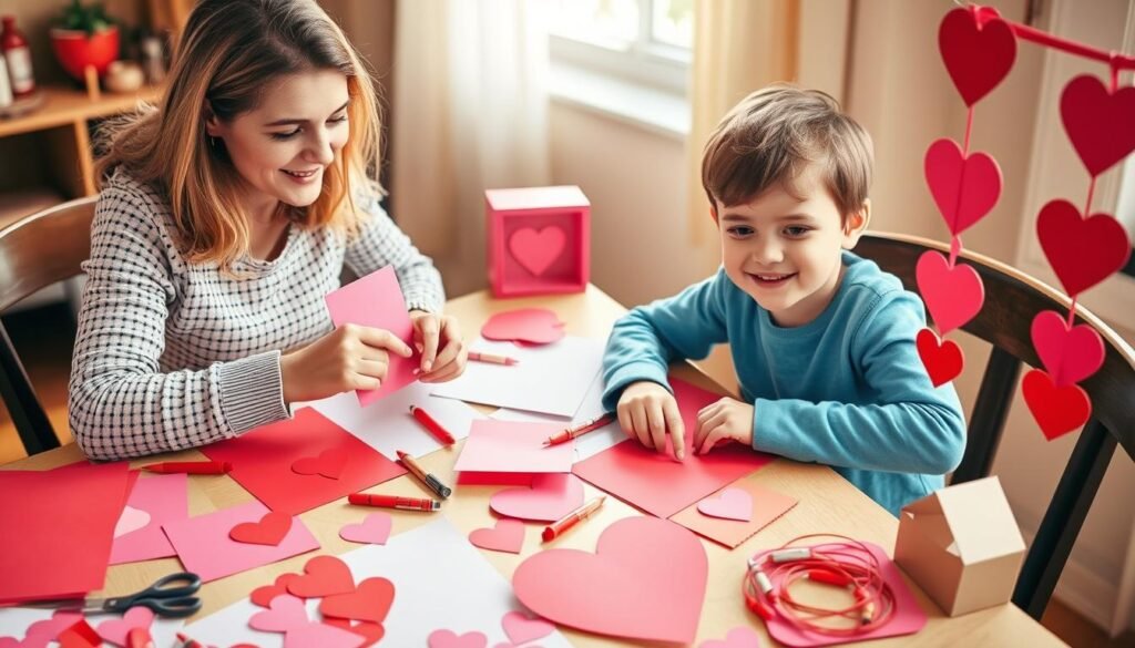 Parent and child creating homemade Valentine's gifts together