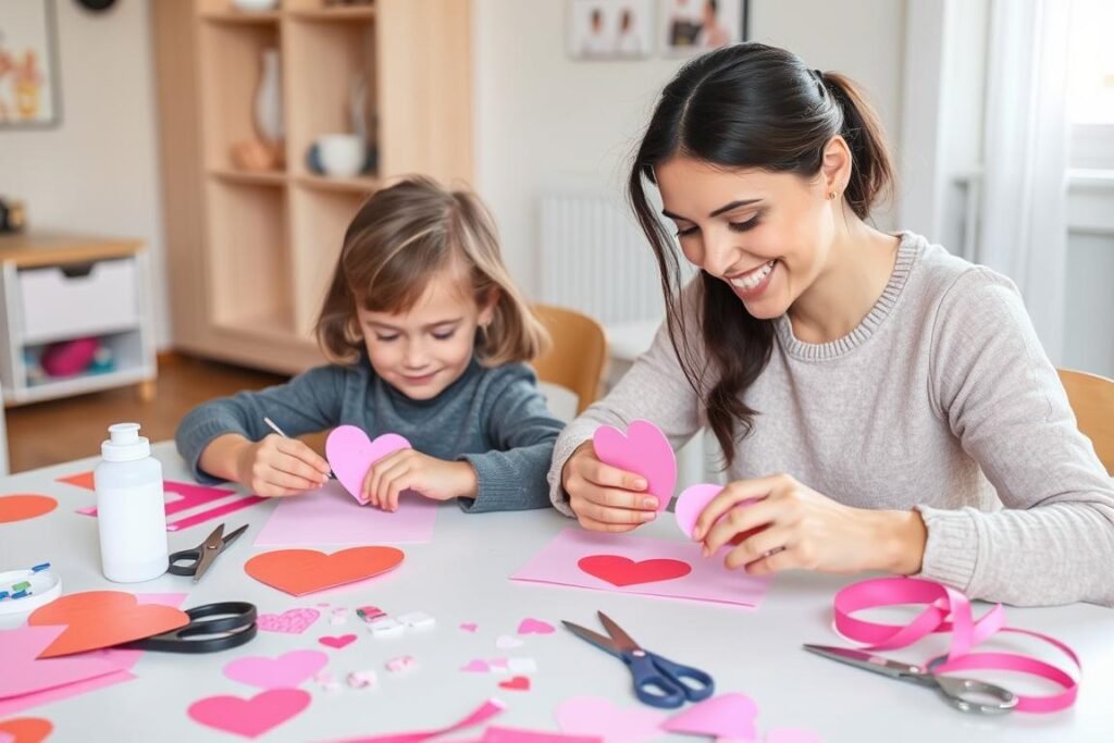 Parent and child making homemade school valentines day gifts together