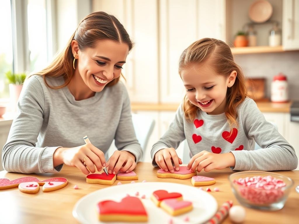 Parent and child using a Valentine's cookie decorating kit together