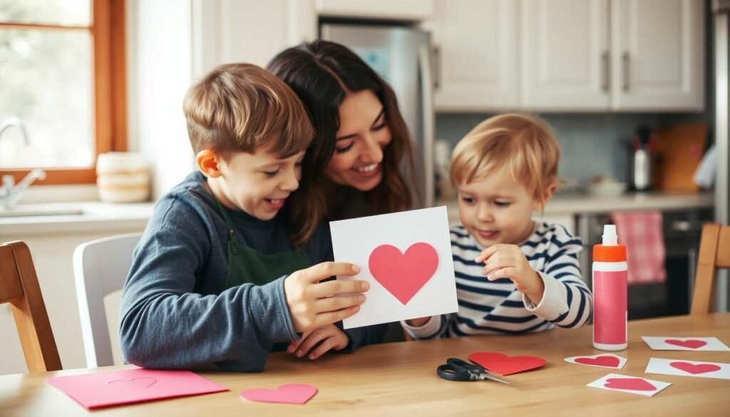 Parent and toddler making homemade Valentine's Day cards together with simple craft supplies