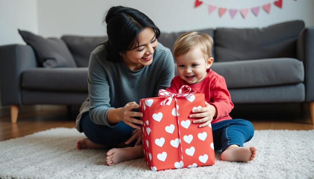 Parent helping toddler unwrap a Valentine's Day gift with excitement and joy