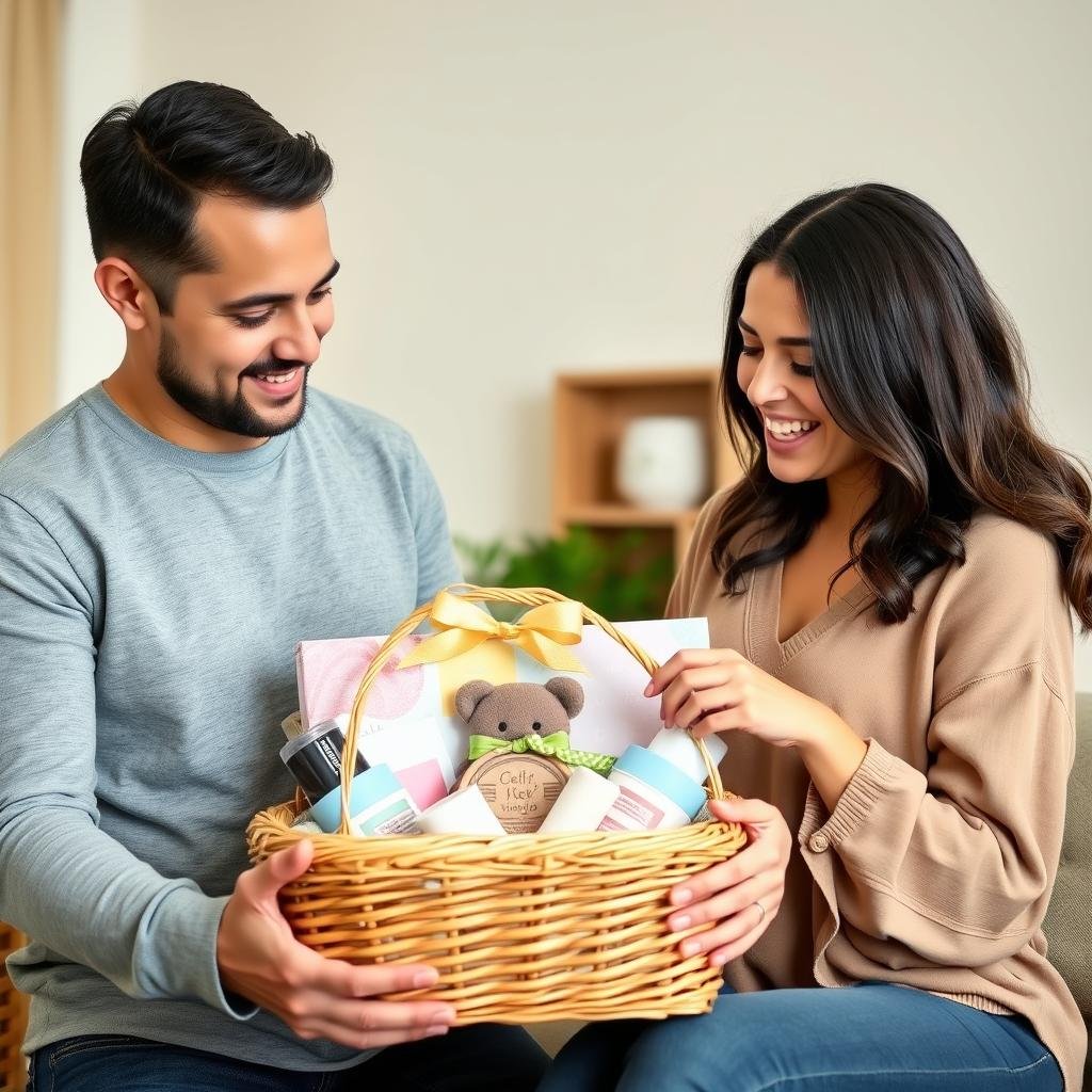 Parents admiring a baby shower gift basket