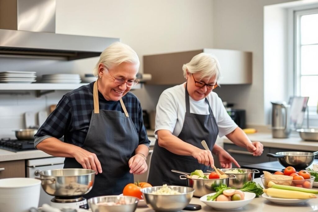 Parents enjoying a cooking class together as an anniversary gift