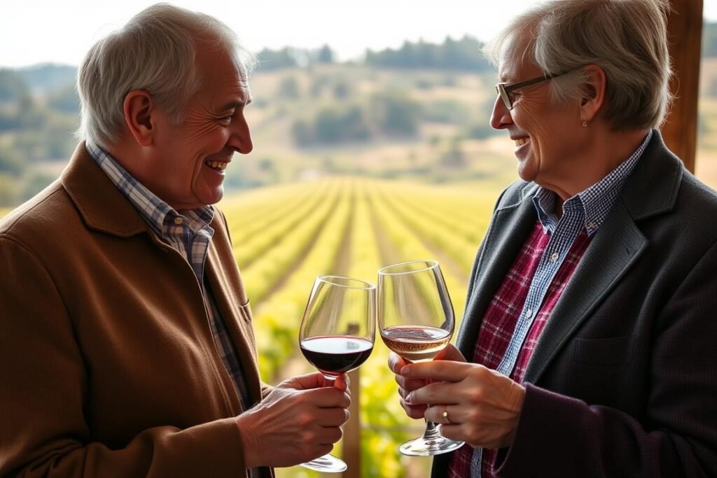Parents enjoying a wine tasting tour for their anniversary
