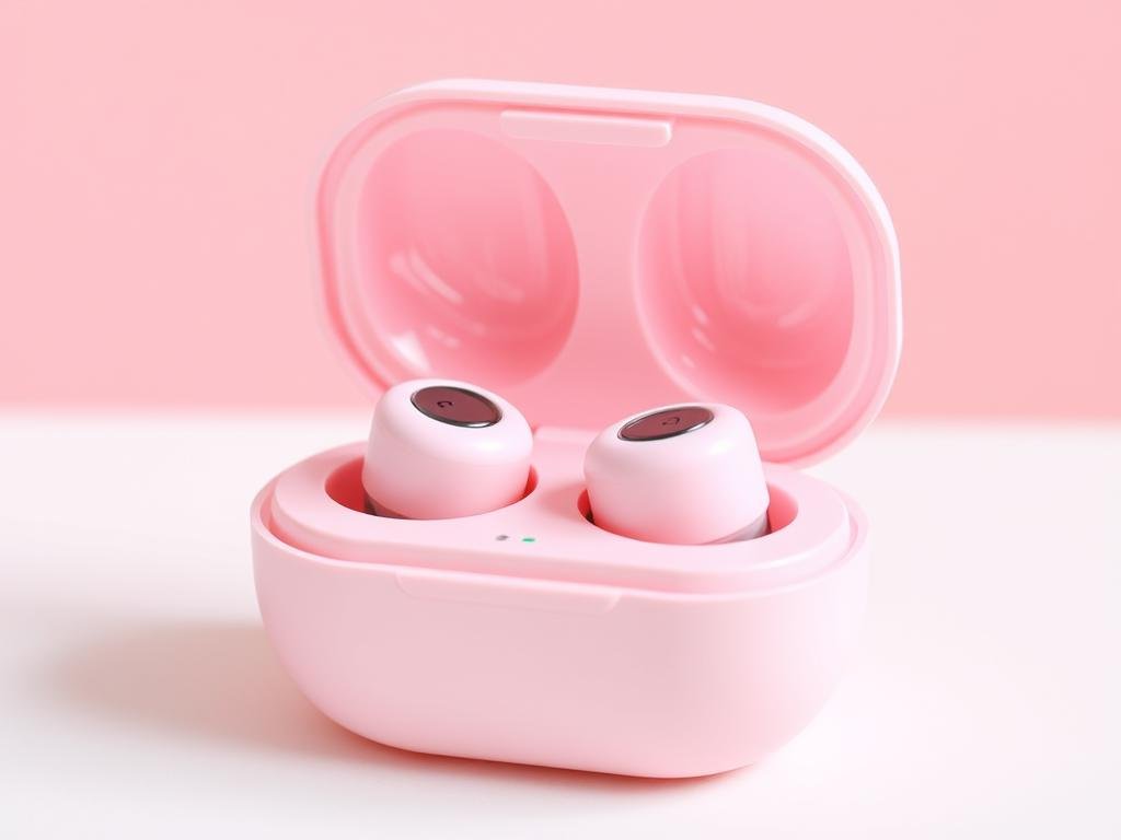 Pastel pink wireless earbuds in a matching charging case with cute floral design