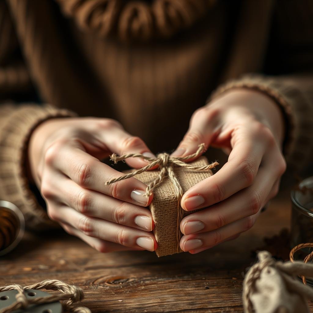 Person carefully crafting a handmade gift with focused attention