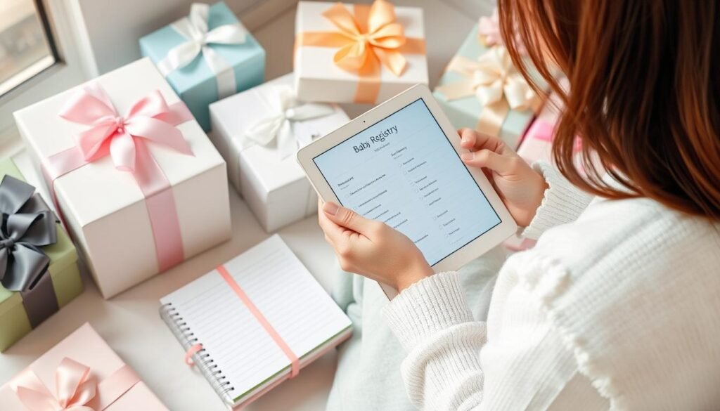 Person checking baby registry on tablet while surrounded by wrapped baby shower gifts