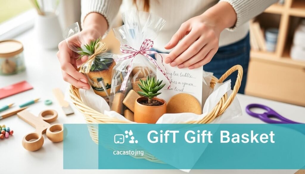 Person creating a DIY gift basket with affordable items