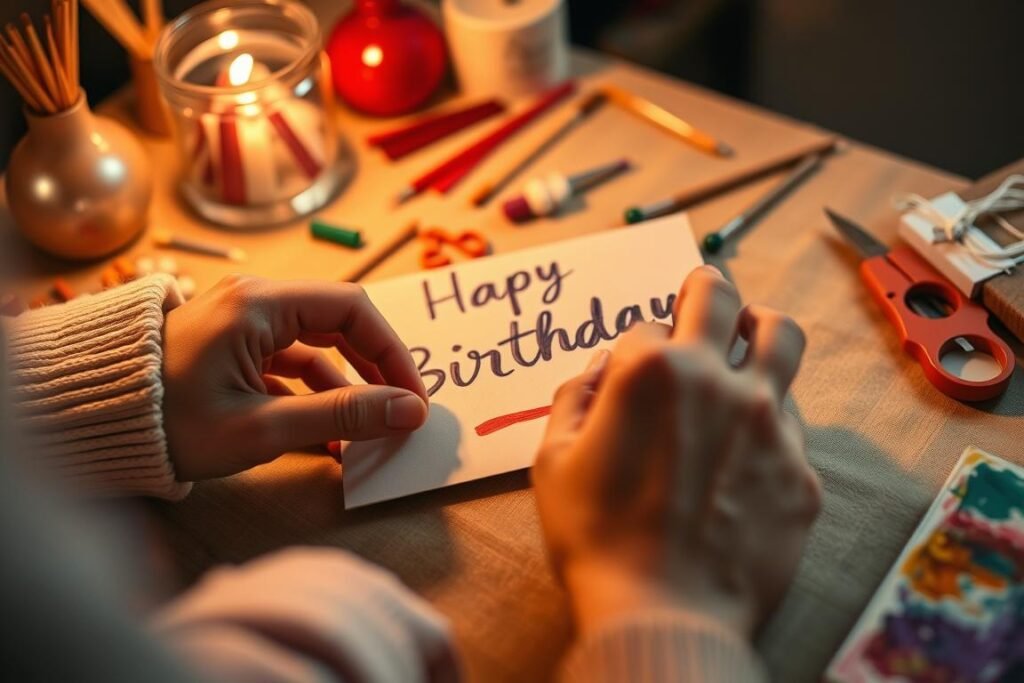 Person creating a handmade birthday gift with care and attention to detail