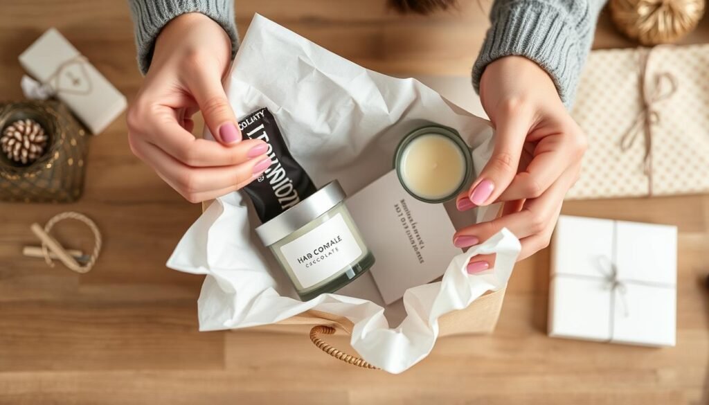 Person creating a last-minute gift basket with items from local stores