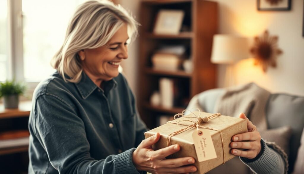 Person giving a beautifully wrapped handmade gift to a friend who looks delighted