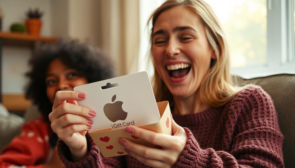 Person happily receiving a creatively presented Apple gift card