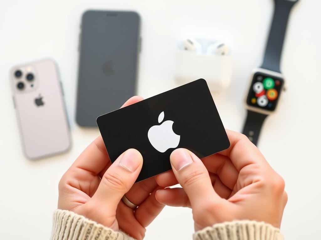 Person holding an Apple gift card with various Apple products in the background