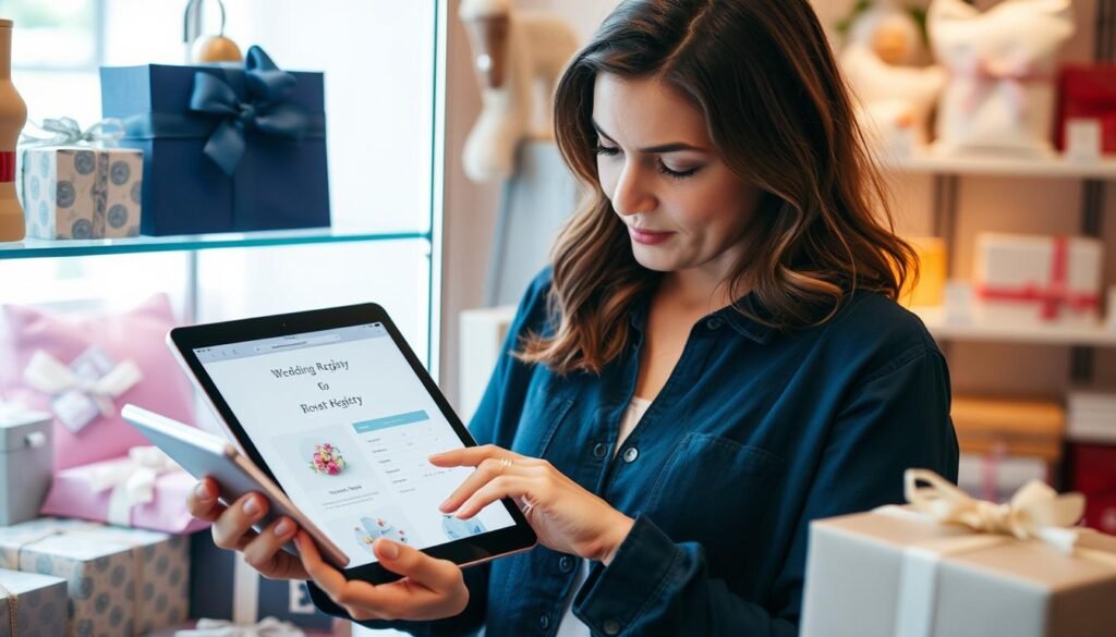 Person thoughtfully selecting a wedding gift from a registry