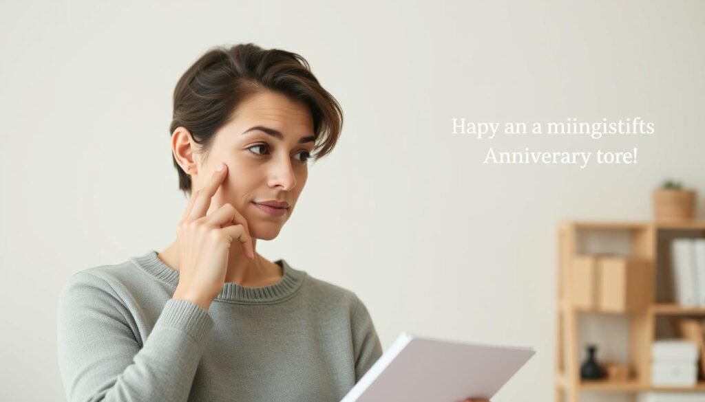 Person thoughtfully selecting an anniversary gift for anniversary gift ideas