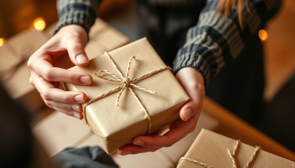 Person wrapping an affordable but thoughtful gift with craft paper and twine