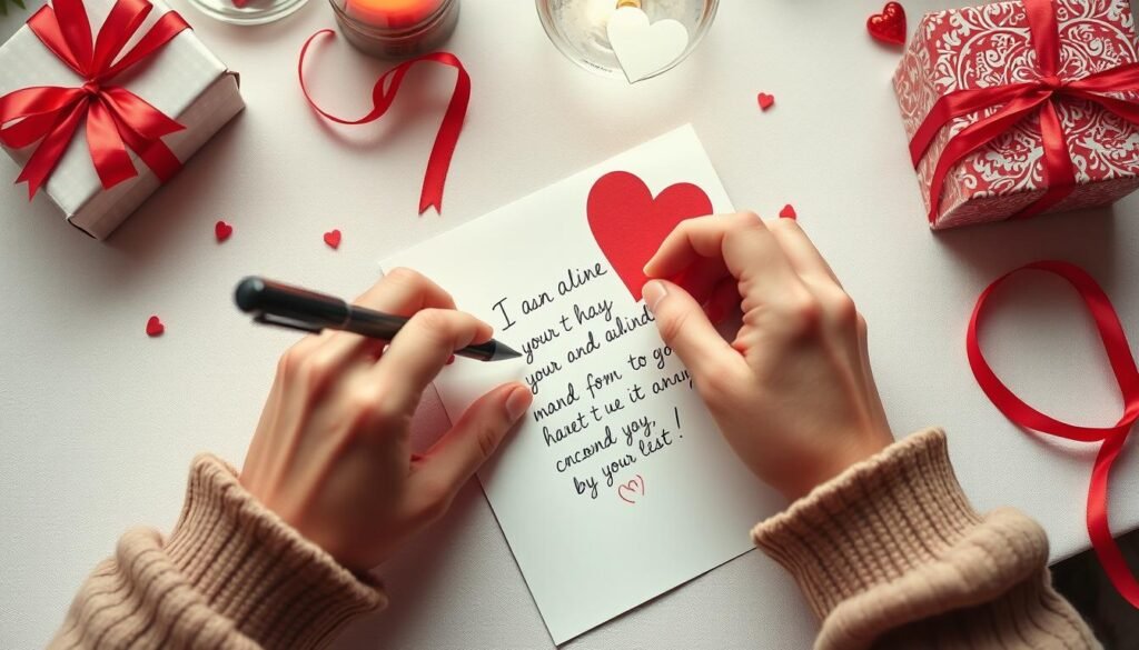 Person writing a heartfelt note to accompany a budget Valentine's Day gift