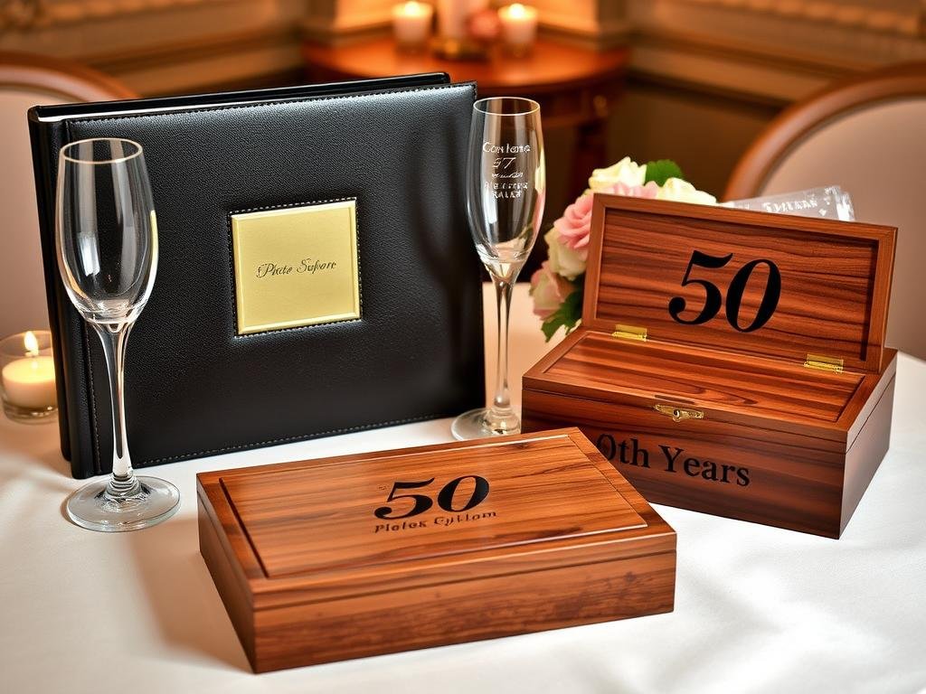 Personalized 50th anniversary gifts including a custom photo album, engraved items, and monogrammed keepsakes