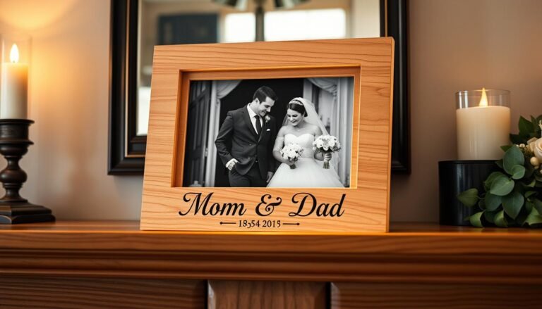 Personalized anniversary gift for parents showing a custom photo frame with wedding date
