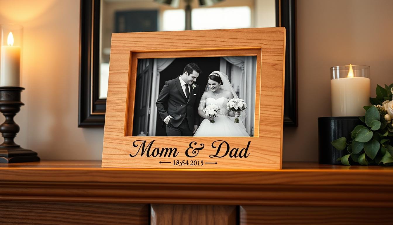 Personalized anniversary gift for parents showing a custom photo frame with wedding date