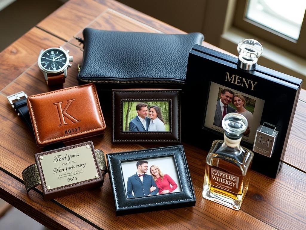Personalized anniversary gifts for him arranged on wooden table