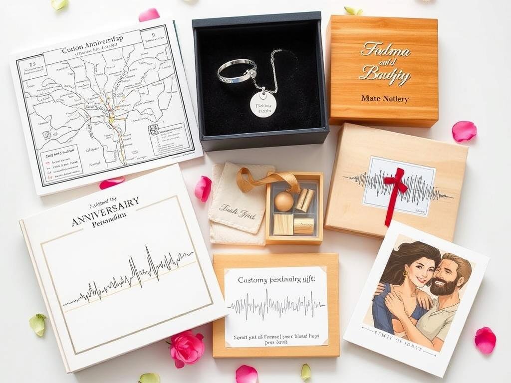 Personalized anniversary gifts including custom map, engraved jewelry, and photo items