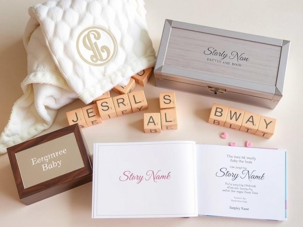 Personalized baby gifts including monogrammed blanket, custom name blocks, and engraved keepsake box