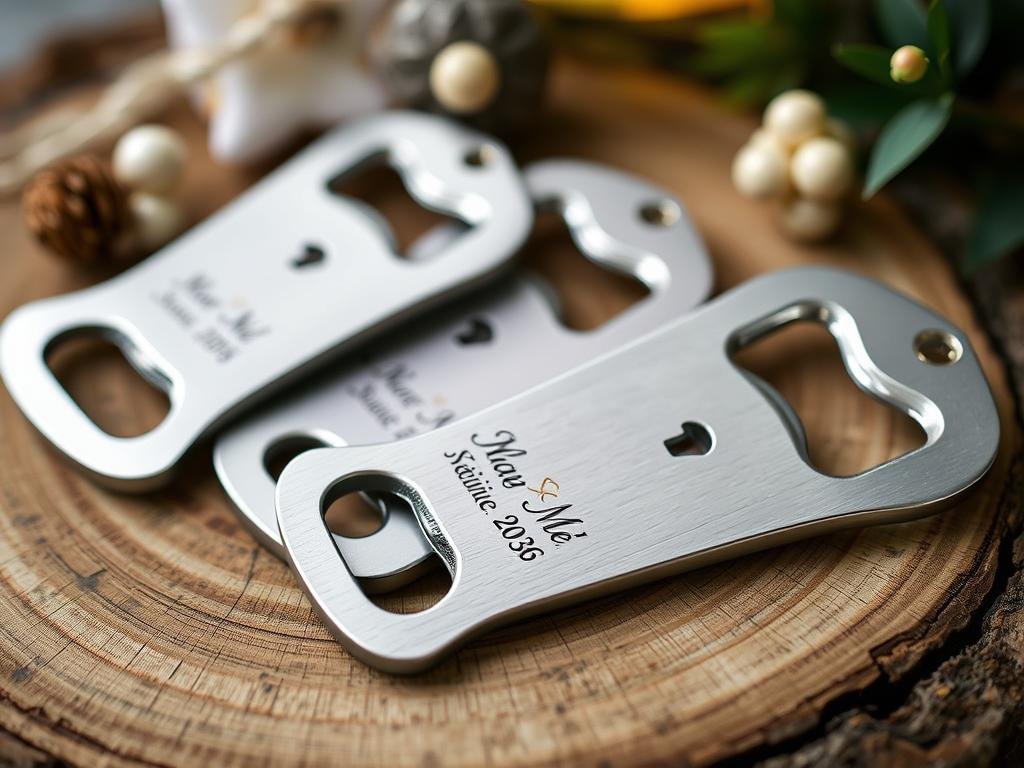 Personalized bottle opener wedding gifts for guests with bride and groom names