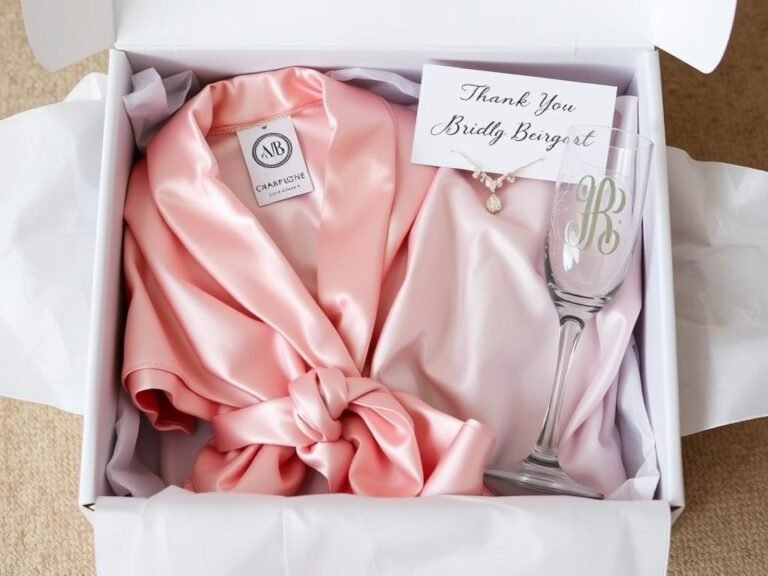 Personalized bridesmaid gift box with monogrammed items including a silk robe, champagne flute, and jewelry