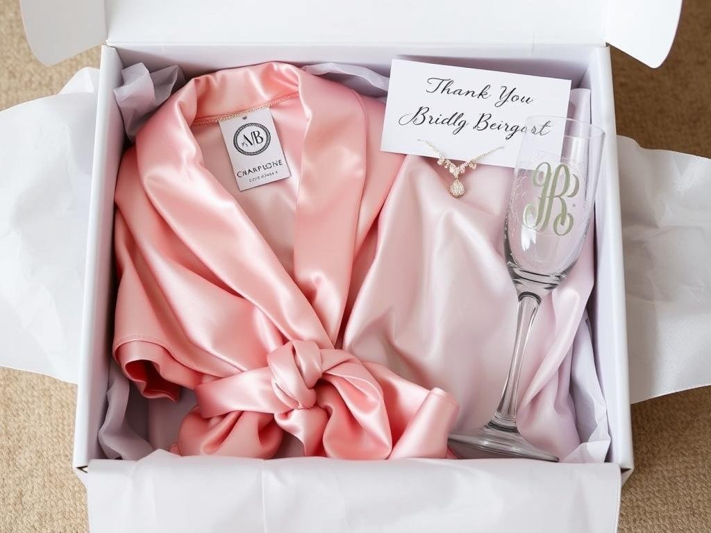 Personalized bridesmaid gift box with monogrammed items including a silk robe, champagne flute, and jewelry