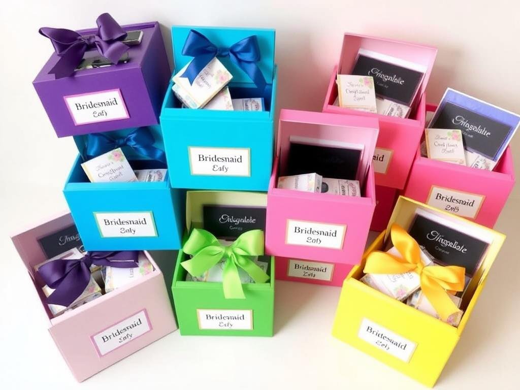 Personalized bridesmaid gift boxes in different colors