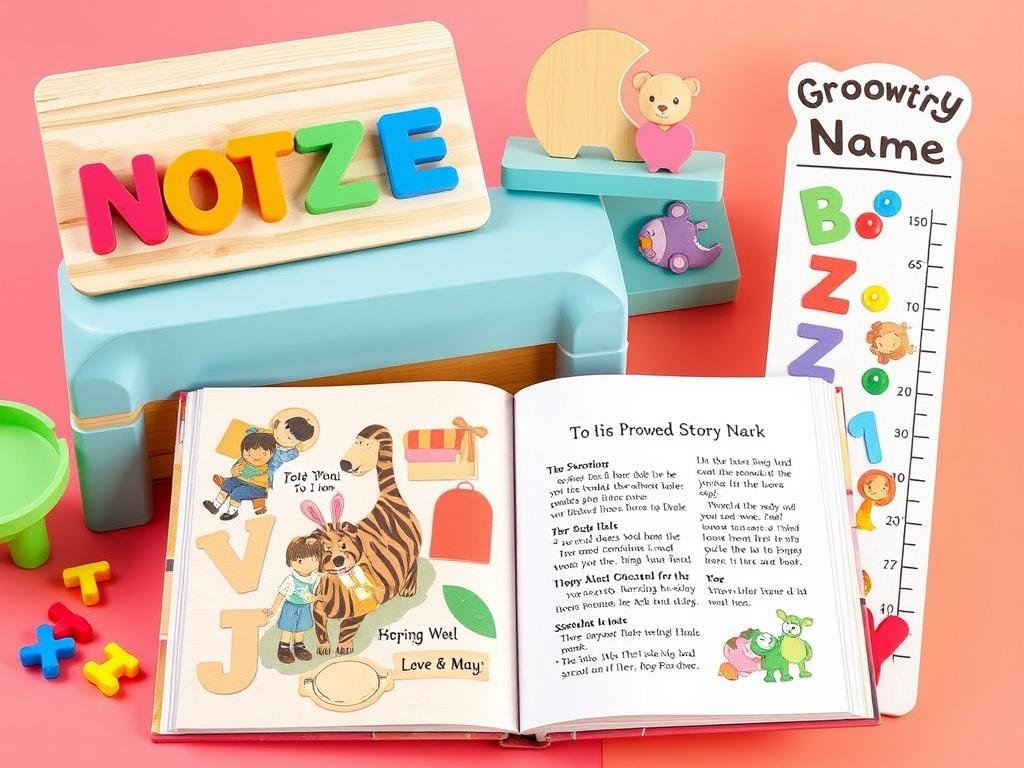 Personalized children's gifts including a custom name puzzle, personalized storybook, and custom growth chart