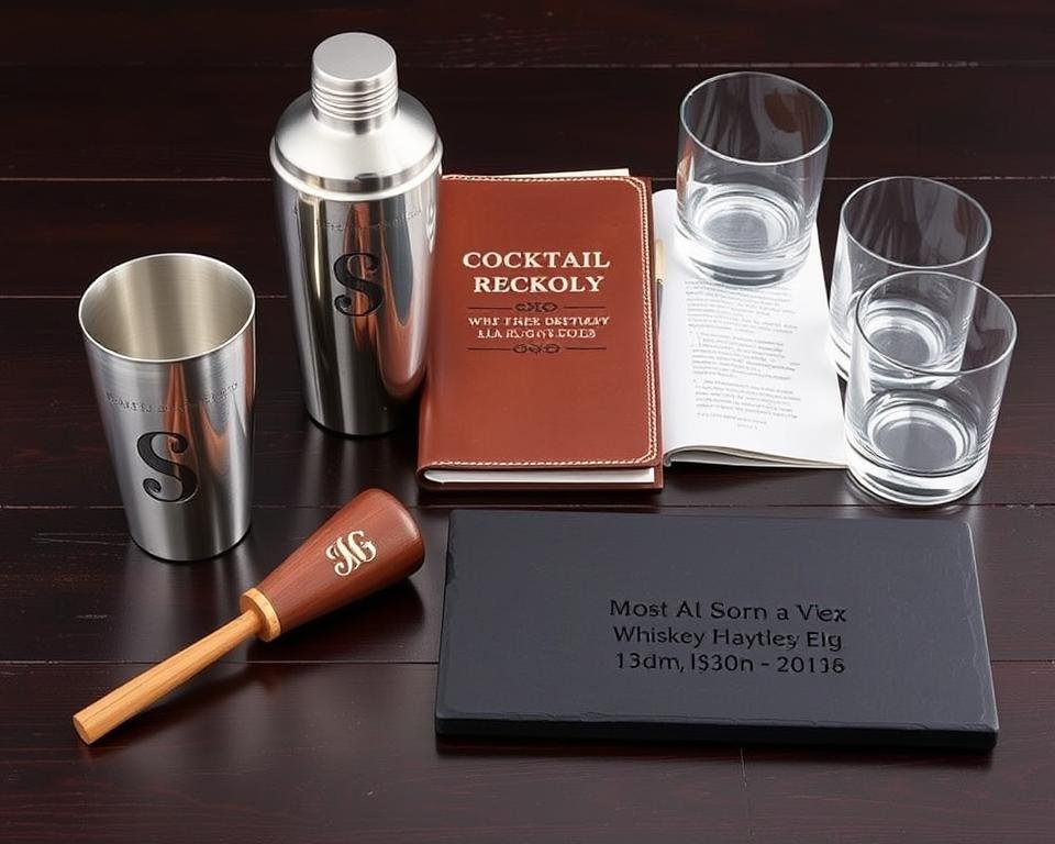 Personalized cocktail equipment including engraved shaker, custom recipe book, and monogrammed glasses