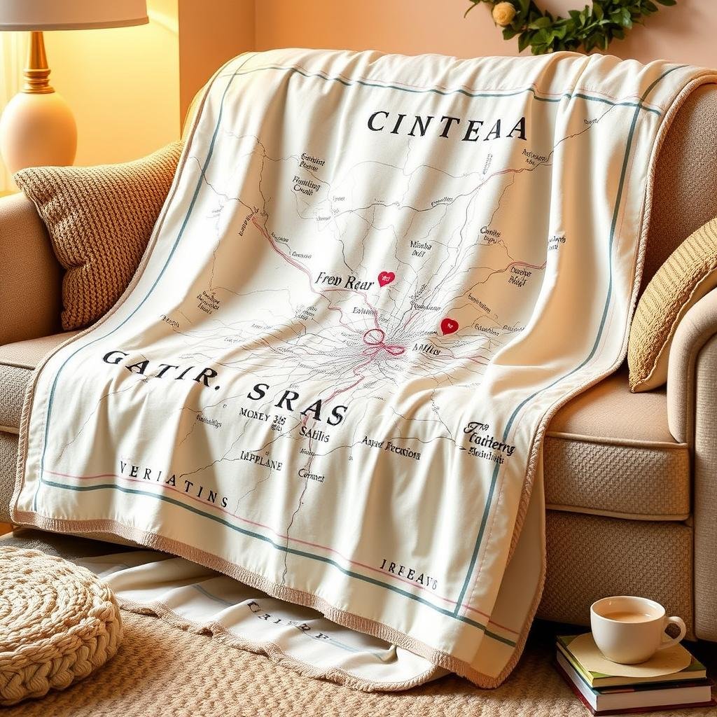 Personalized cotton map throw blanket showing a special location for anniversary gifts for her