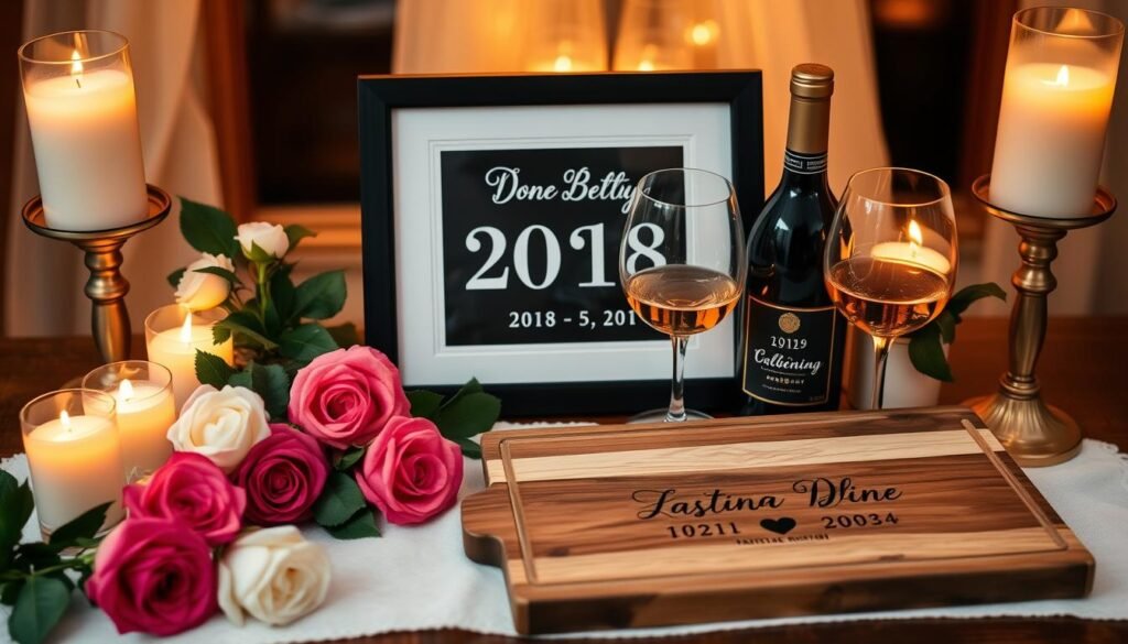 Personalized couple gifts including custom wedding date art, a pair of monogrammed wine glasses, and a custom cutting board with their names