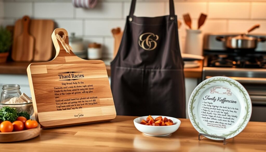 Personalized kitchen gifts including a custom recipe cutting board, monogrammed apron, and family recipe plate