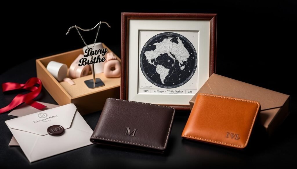 Personalized last minute valentines gifts including a custom name necklace, personalized leather wallet, and custom star map in elegant gift packaging