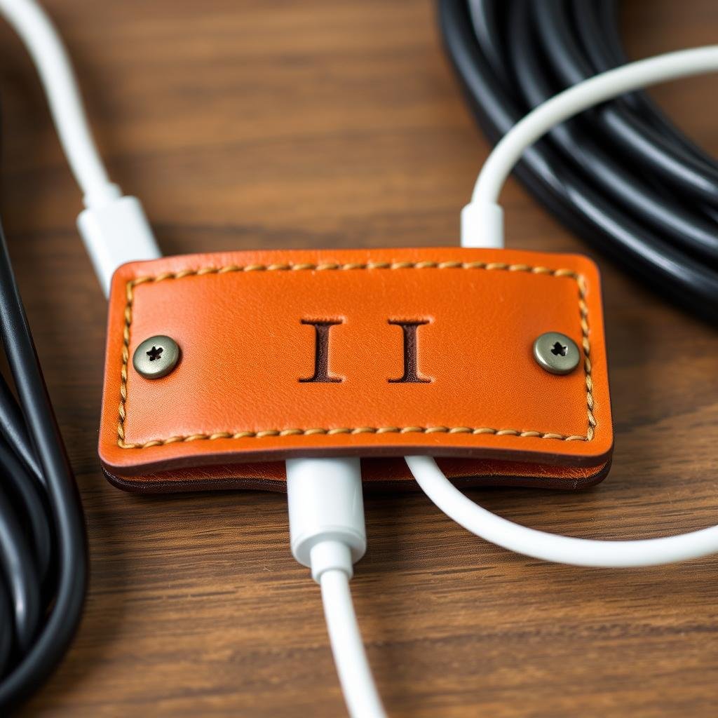 Personalized leather cord organizer with initials as a leather anniversary gift