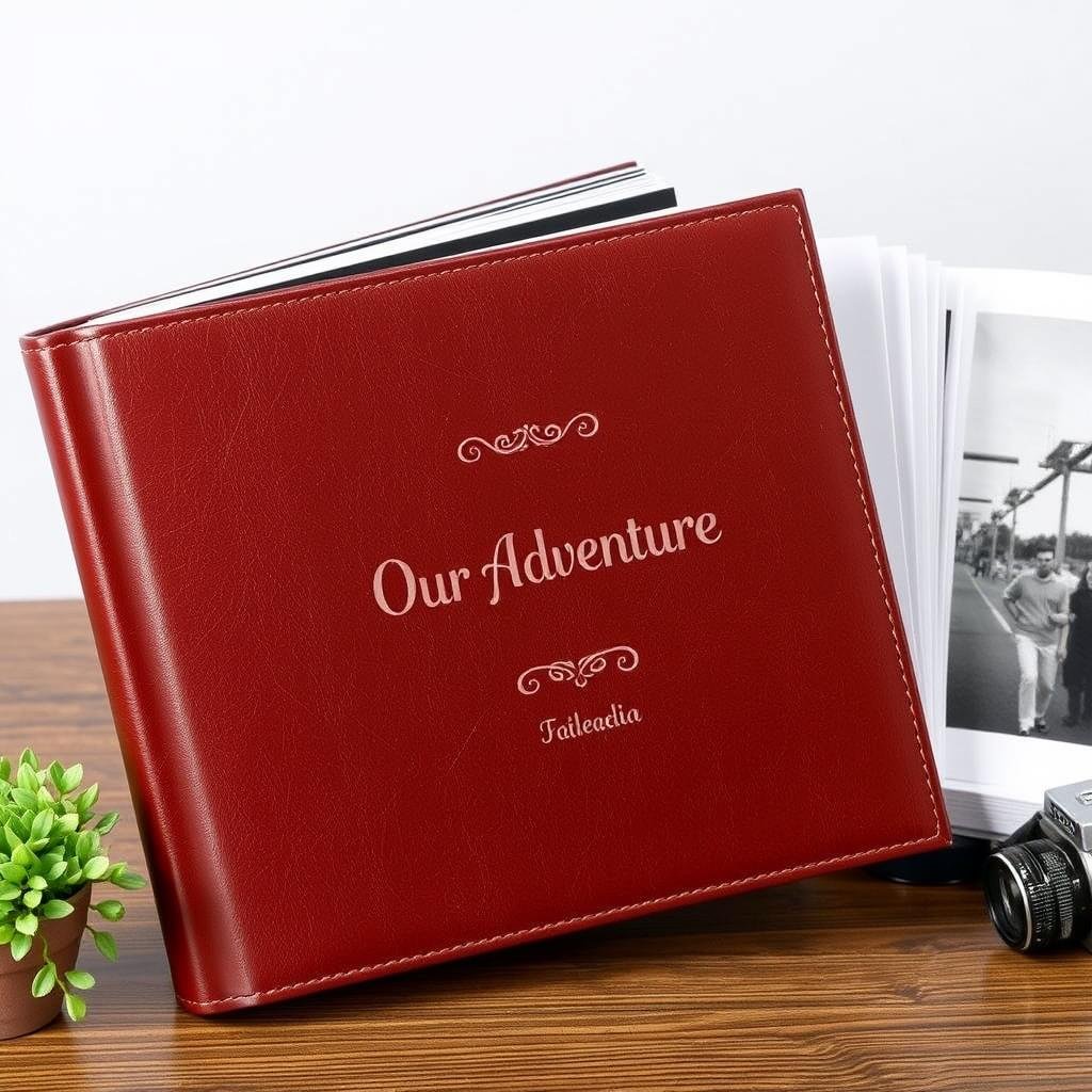 Personalized leather photo album with engraved names for anniversary gift ideas