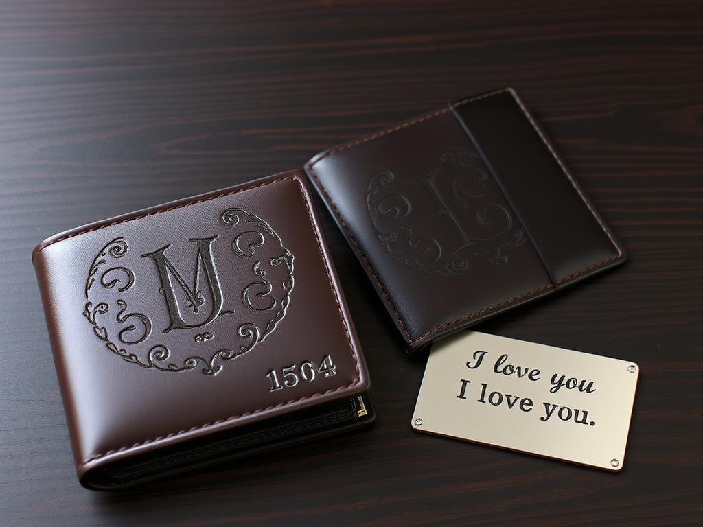Personalized leather wallet with initials and metal insert card as boyfriend anniversary gift