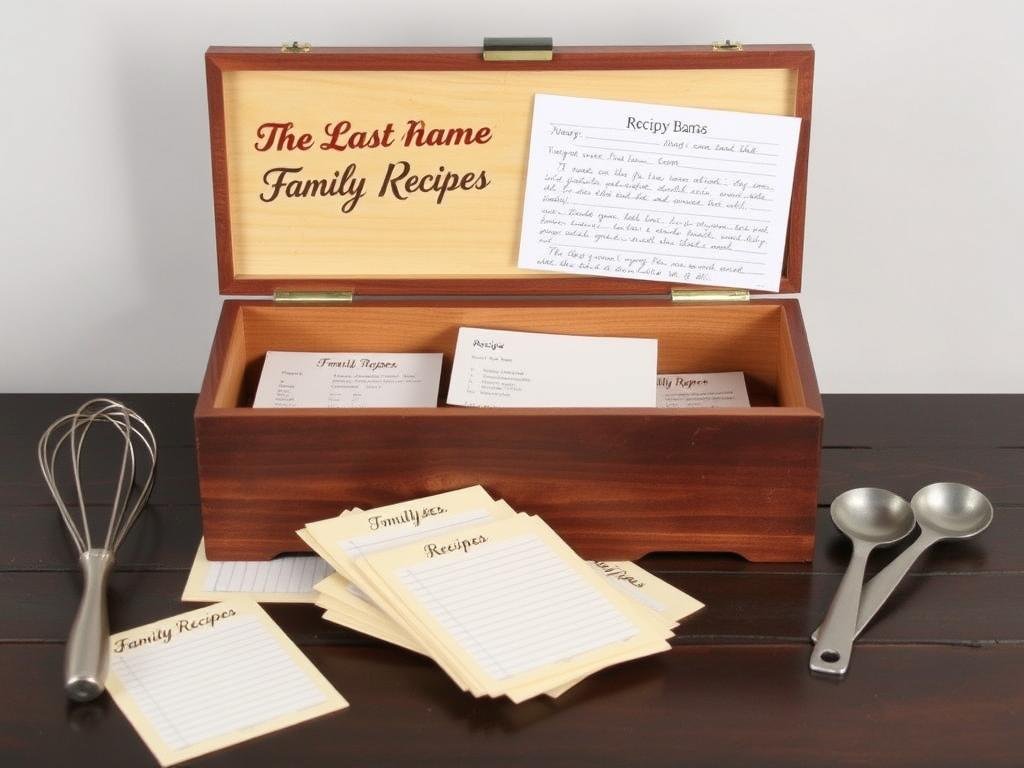 Personalized recipe box with handwritten family recipes and blank cards